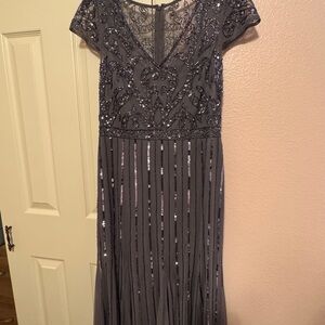 Papell Embellished V-Neck Maxi Dress in Charcoal